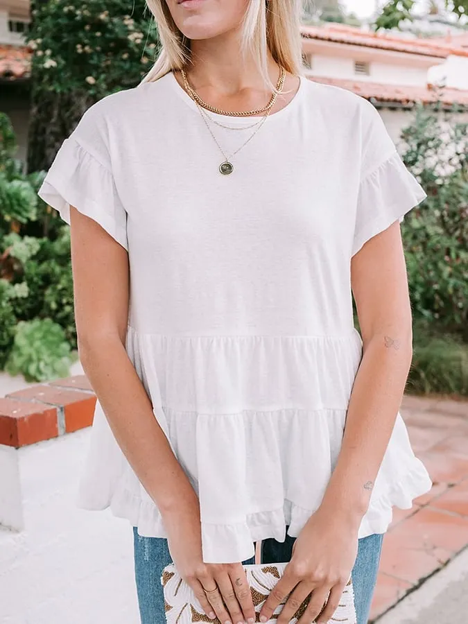Women's Loose Linen O-Neck White Ruffle Tiered Swing Top