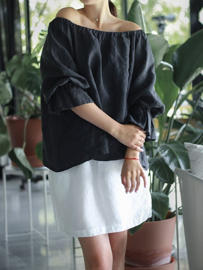 Women's Loose Elastic Neck Lantern Sleeve Two-Wear Top