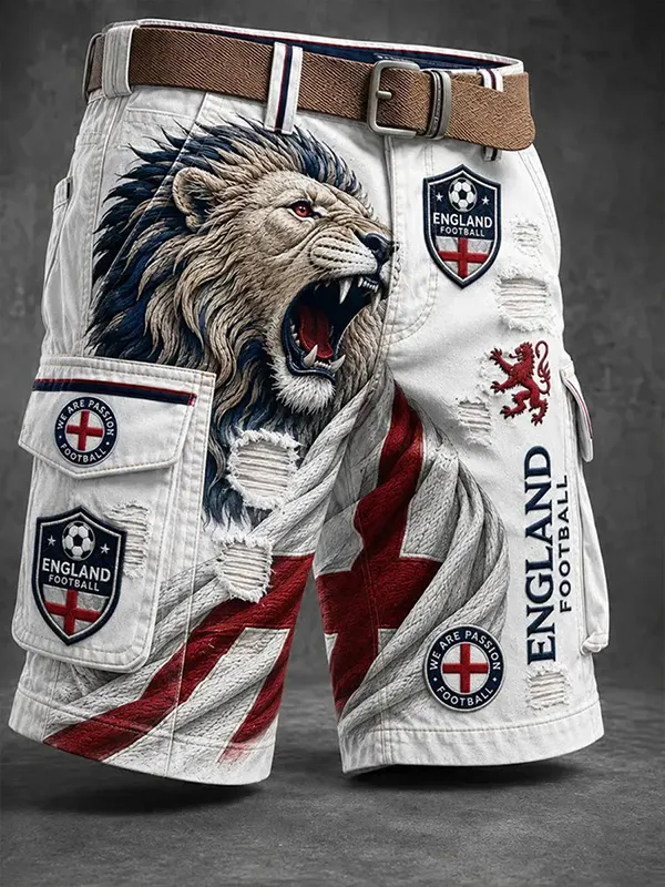 Men's England Football Lion Print Cargo Shorts