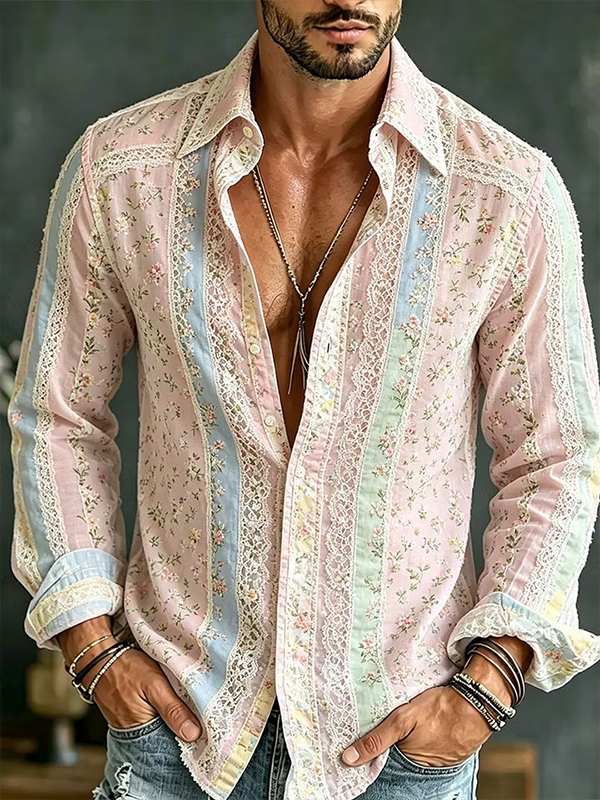 Men's Colorblock Striped Ditsy Floral Art Print Long Sleeve Shirt