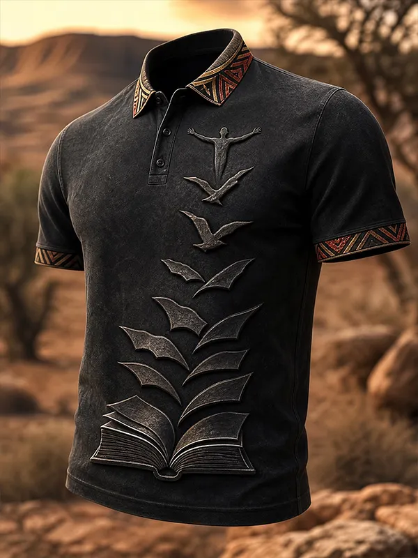 Men's Tribal Trim 3D Embossed Book Dove Figure Print Polo Shirt