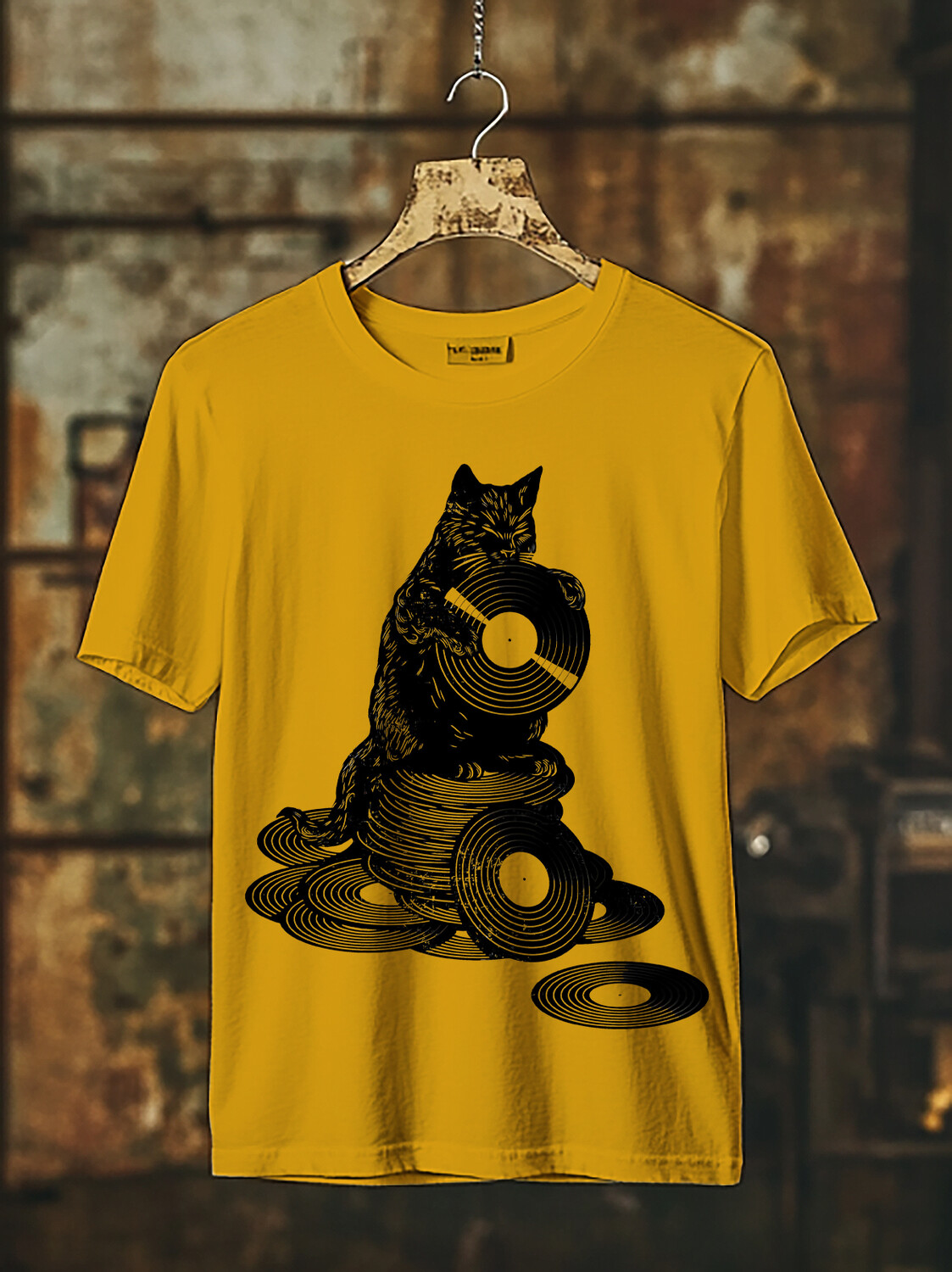 Men's Fun Cat Vinyl Records Print Cotton Casual T-Shirt