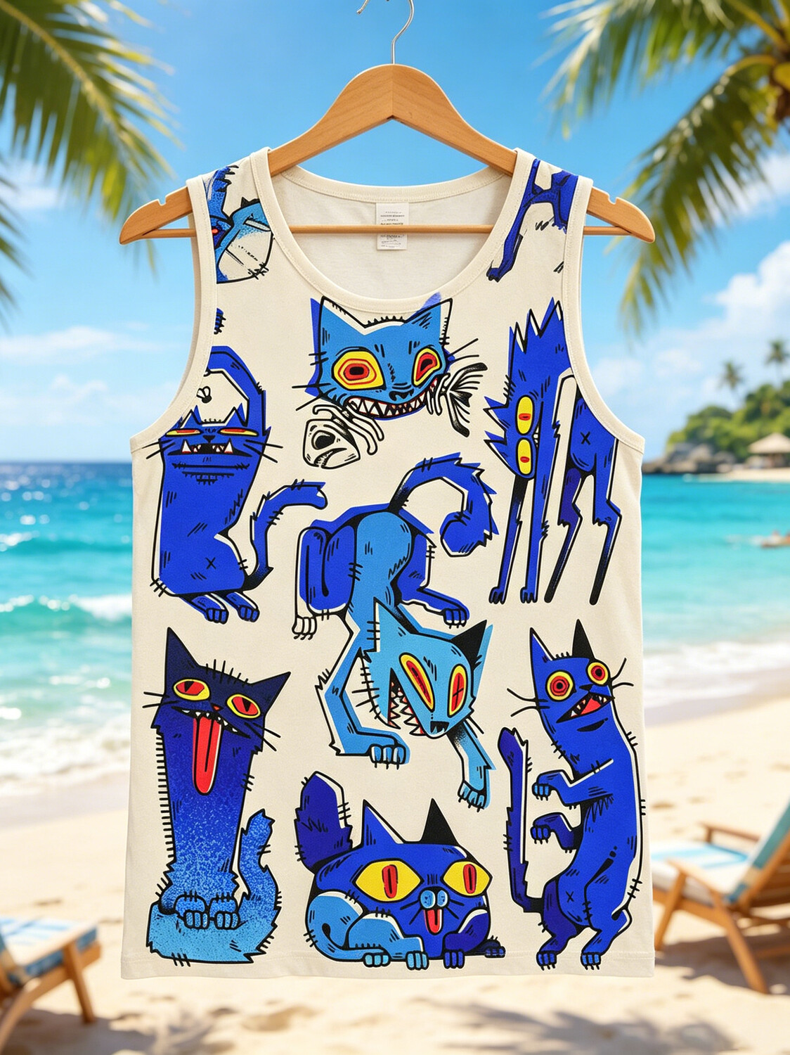 Men's Fun Cat Art Print Hawaiian Style Casual Beach Tank Top