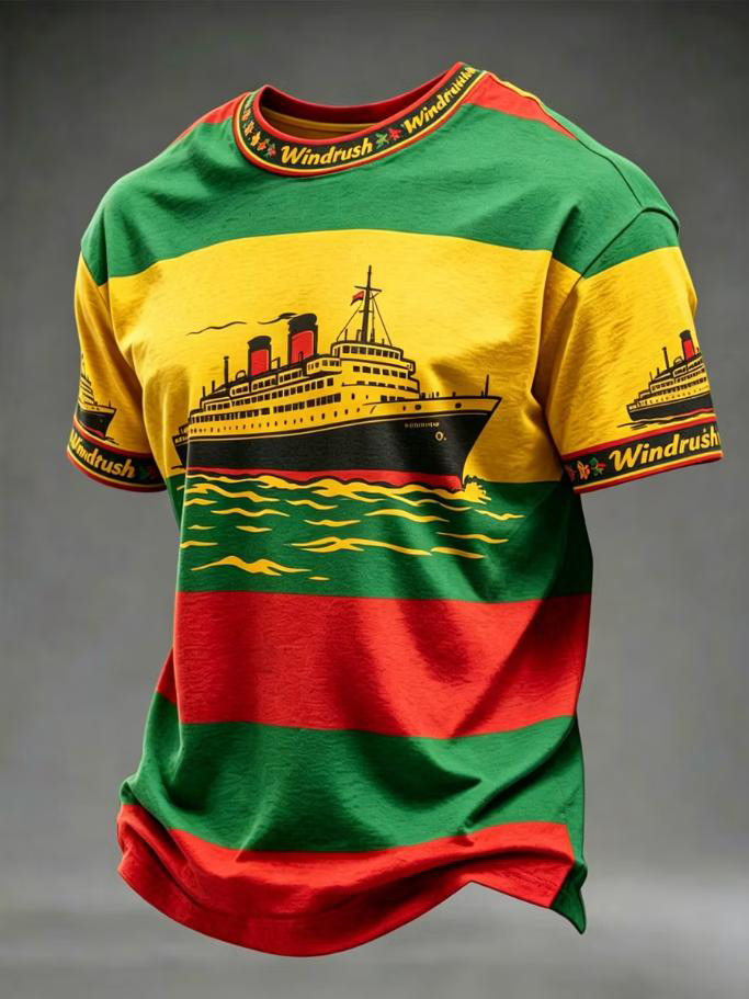 Men's Colorblock Stripe Windrush Day Print Casual T-Shirt