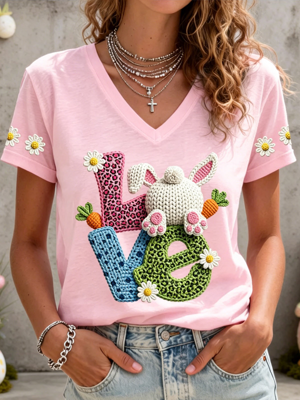 Women's Flower Rabbit Love Print Casual V Neck T-Shirt