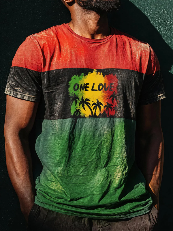 Men's Reggae Style ONE LOVE Palm Tree Color Block Print T-Shirt