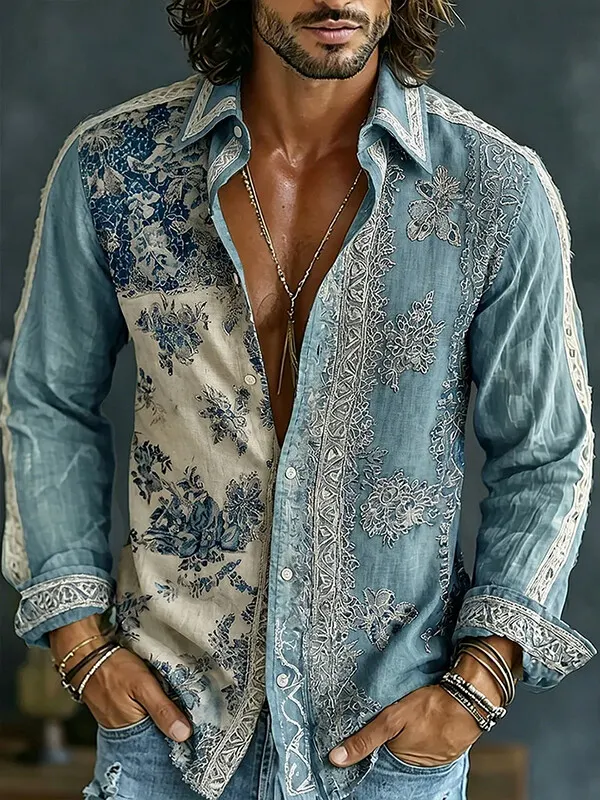 Men'S Retro Patchwork Lace Floral Print Long Sleeve Shirt