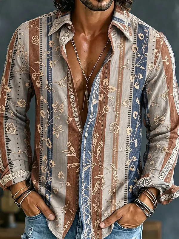 Men's Retro Flowers Striped Printed Long Sleeve Shirt