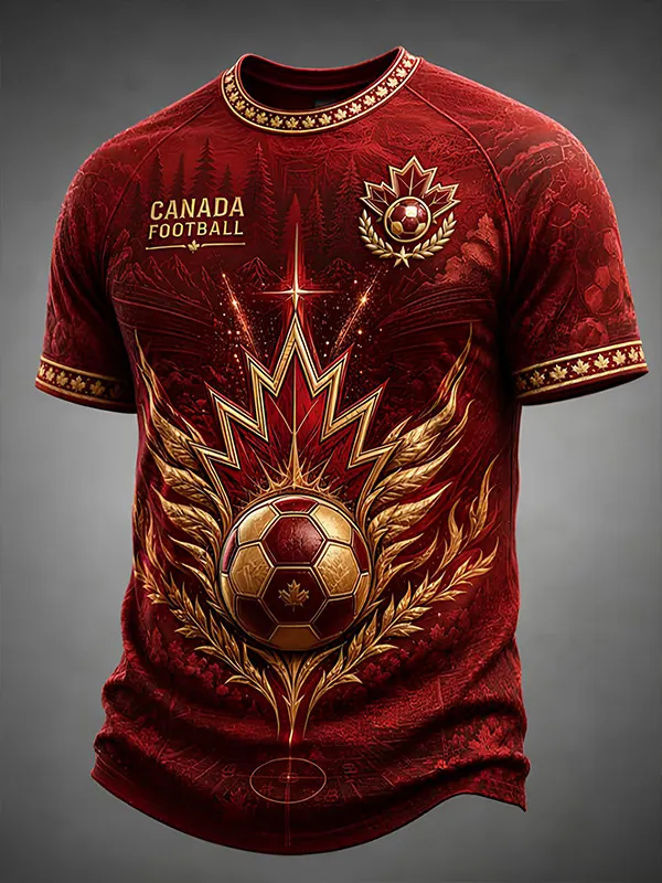 Men''s Canada Football Maple Leaf Soccer Golden Print T Shirt