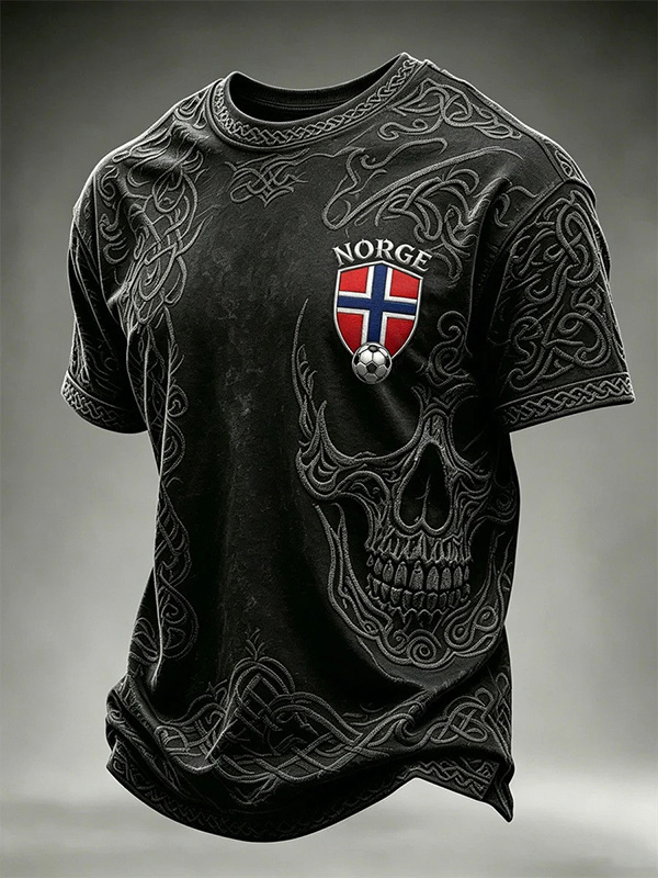 Men's Vintage Celtic Knot Norway Flag Soccer Skull Art Print T-Shirt