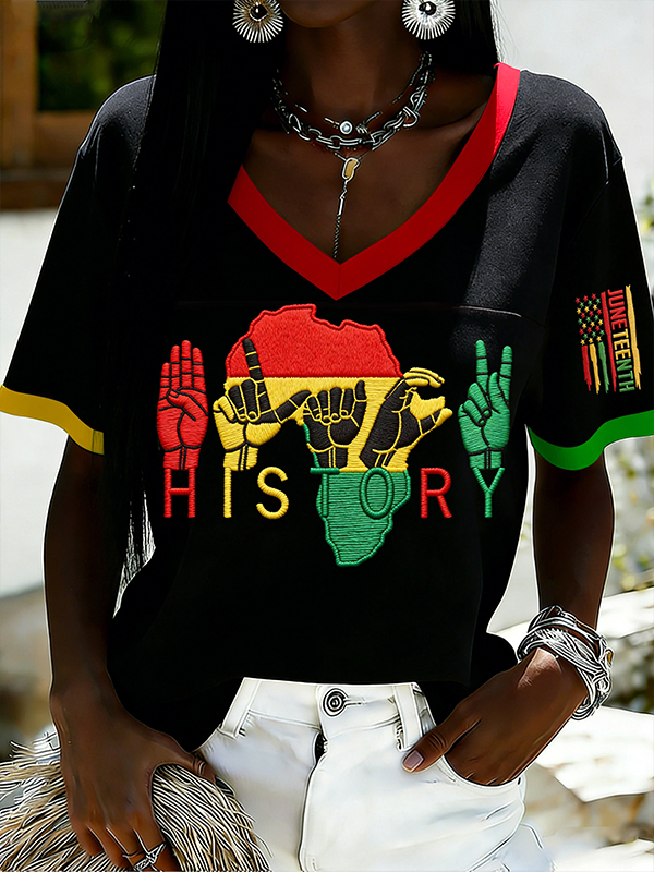 Women's Juneteenth Black History Art Print V Neck Short Sleeve T-Shirt