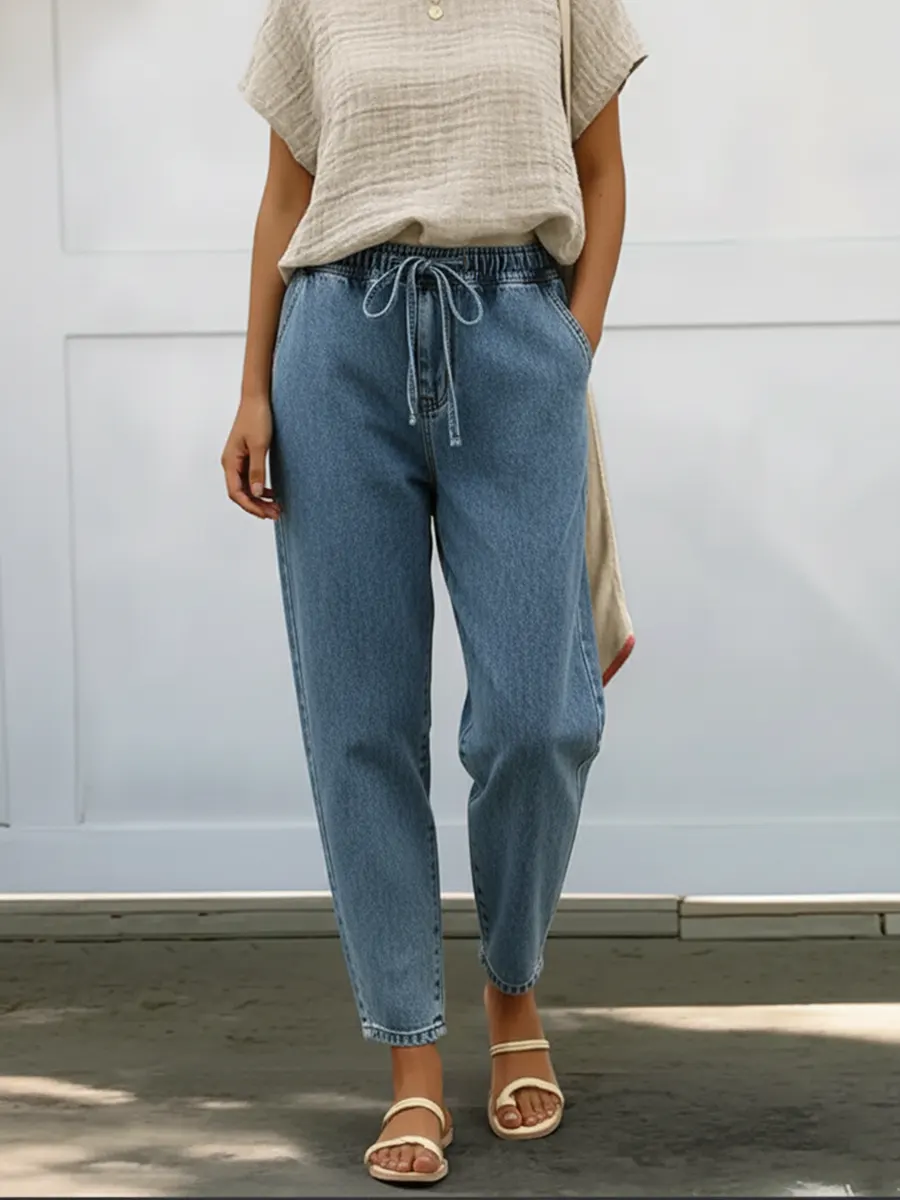 Women's Casual Elastic Waist Cotton Pencil Jeans