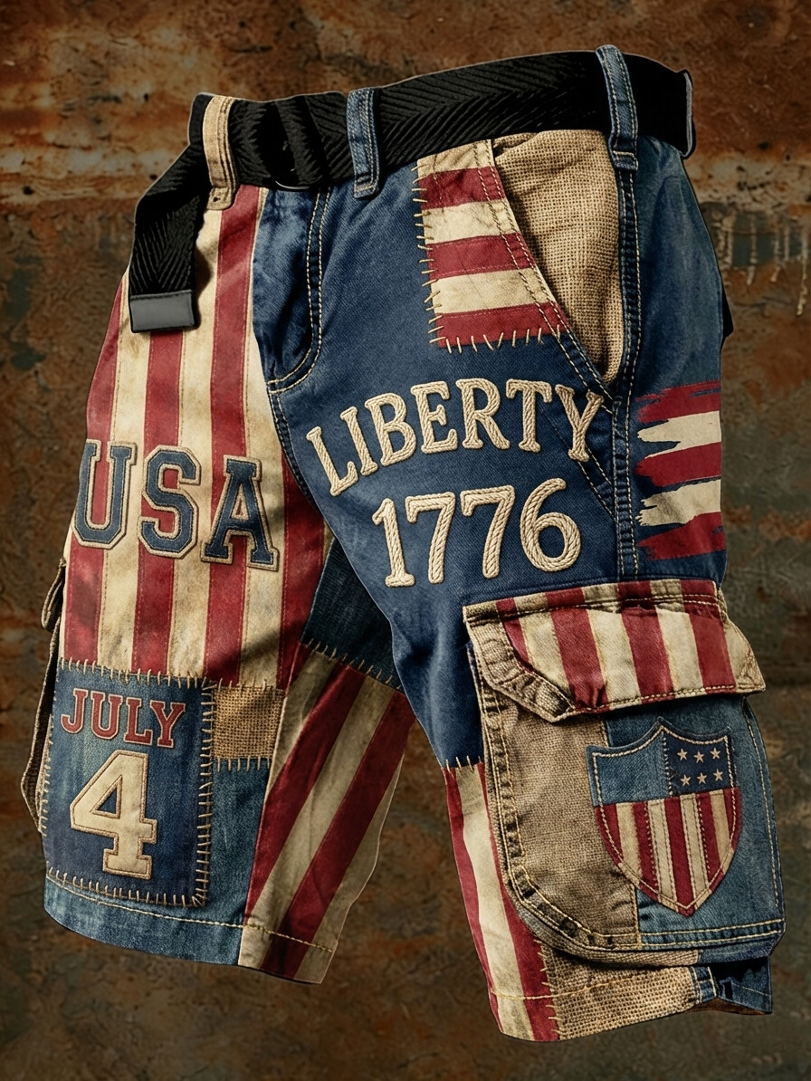 Men's USA Liberty July 4 Print Denim-Like Cargo Shorts