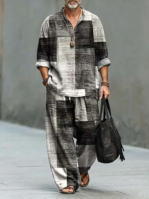 Men's Retro Geometric Abstract Brush Art Print Half Button Long Sleeve Shirt Pants 2pcs Set