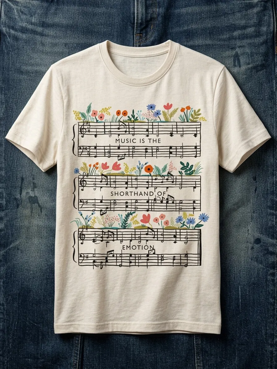 Men's Wildflower Music Sheet Music Is The Shorthand Of Emotion Print Cotton Casual T-Shirt