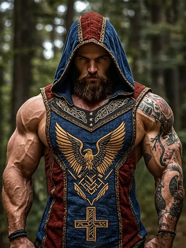 Men's Norse Rune Eagle Cross Print Hooded Tank Top
