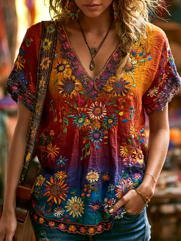 Women's Boho Flowers And Musical Notes In A Colorful Hippie Gradient Print V Neck T-Shirt