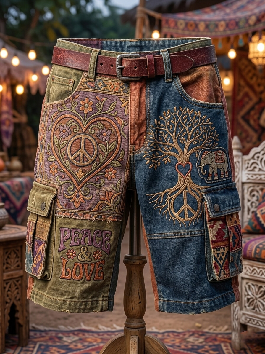 Men's Tree Of Life Peace And Love Print Cargo Shorts