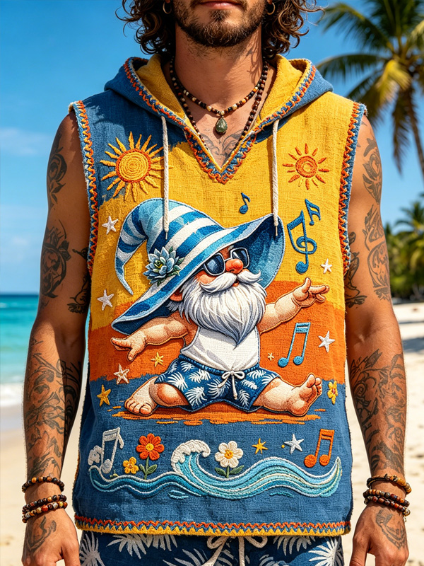 Men's Vacationers Music Flowers Ocean Hippie Art Print Hooded Tank Top