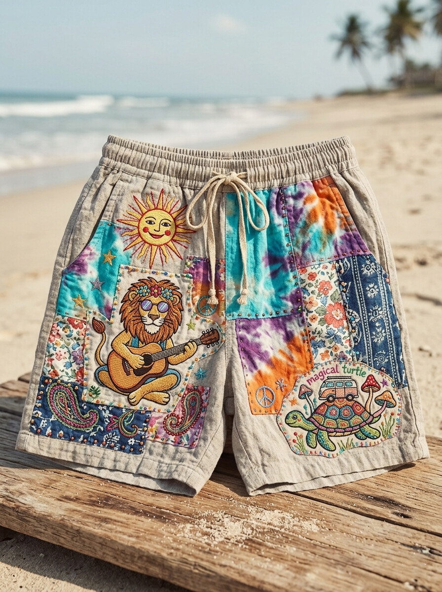 Men's Tie Dye Lion Vacation Hawaiian Style Print Casual Shorts