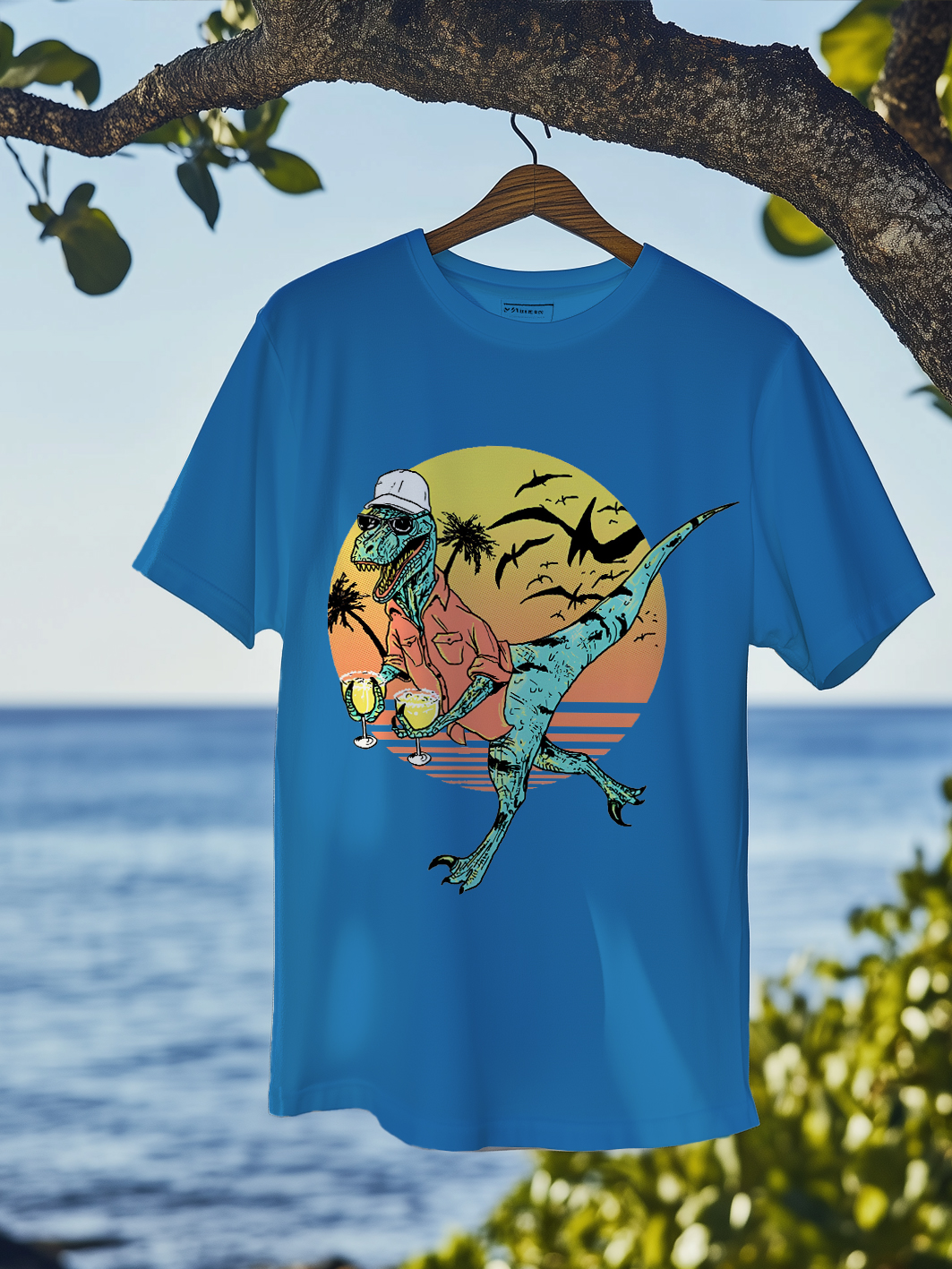 Men's Tropical Dinosaur Cocktail Sunset Print T-Shirt