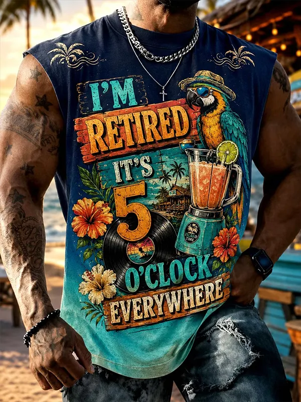 Men's Parrot I'm Retired It's Five O'clock Everywhere Now Art Print Tank Top