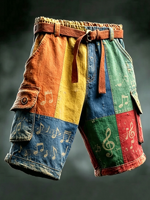 Men's Color Block Musical Notes Print Cargo Shorts