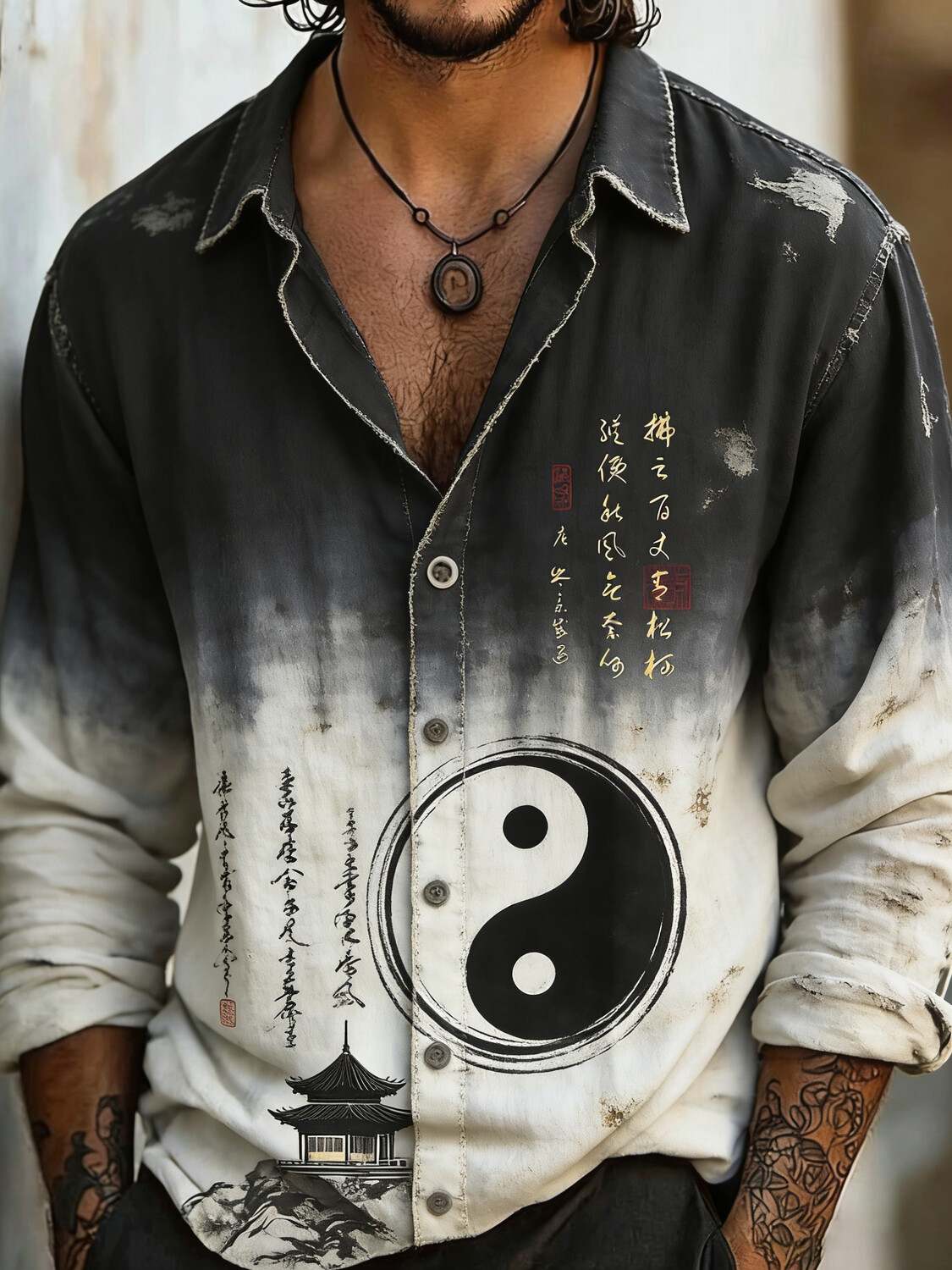 Men's Retro Yin Yang Calligraphy Art Print Long Sleeve Shirt