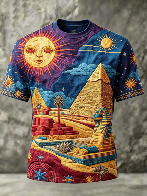 Men's Egyptian Pyramid And Sphinx Sun God Print T-Shirt