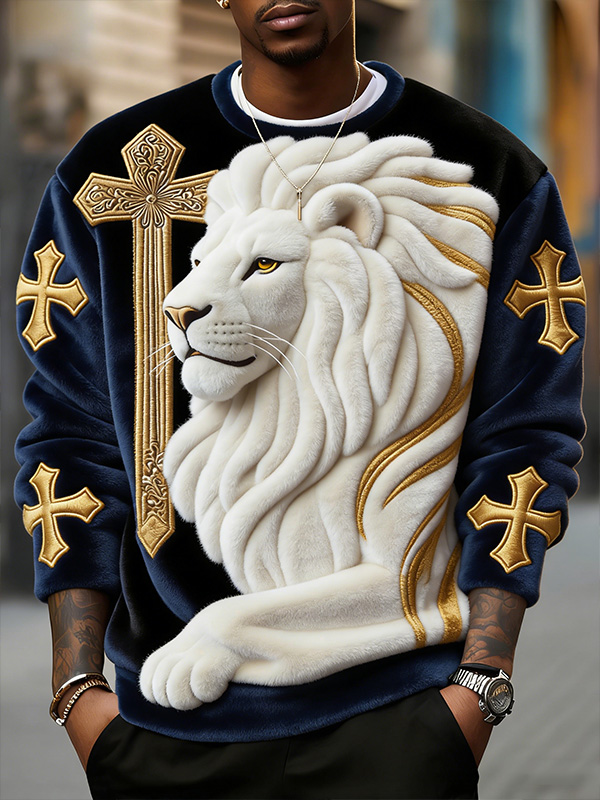 Men's White Lion And Cross Print Flannel Sweatshirt