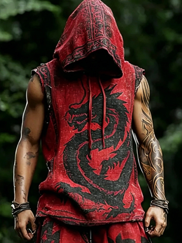Men's Vintage Dragon Print Hooded Tank Top