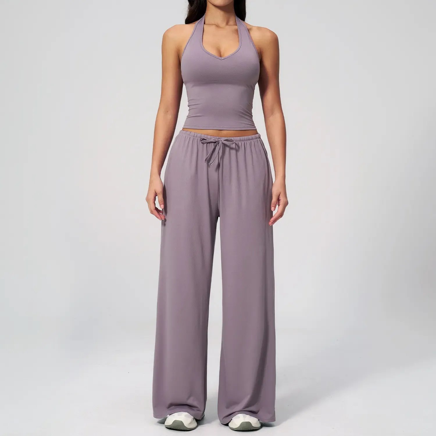 💖Hot 50% OFF✨ Women’s 2-Piece Silk-Like Lounge Set – V-Neck Strappy Top & Wide Leg Pants