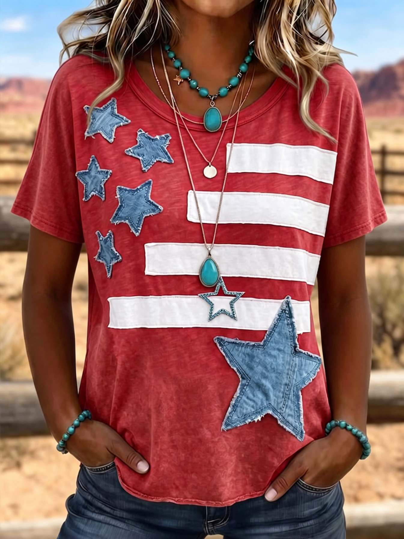 Women's American Flag Star Patchwork Art Print Casual T-Shirt