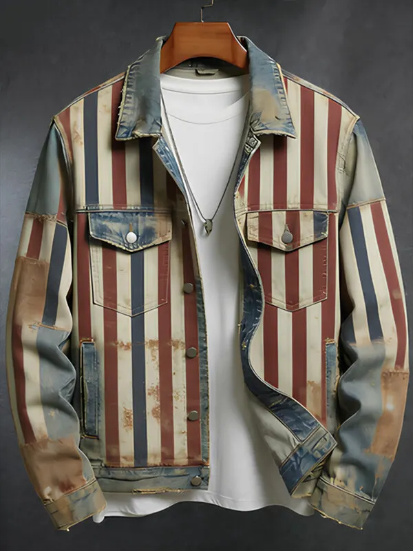 Men's Contrast Striped Print Denim-Like Long Sleeve Shirt