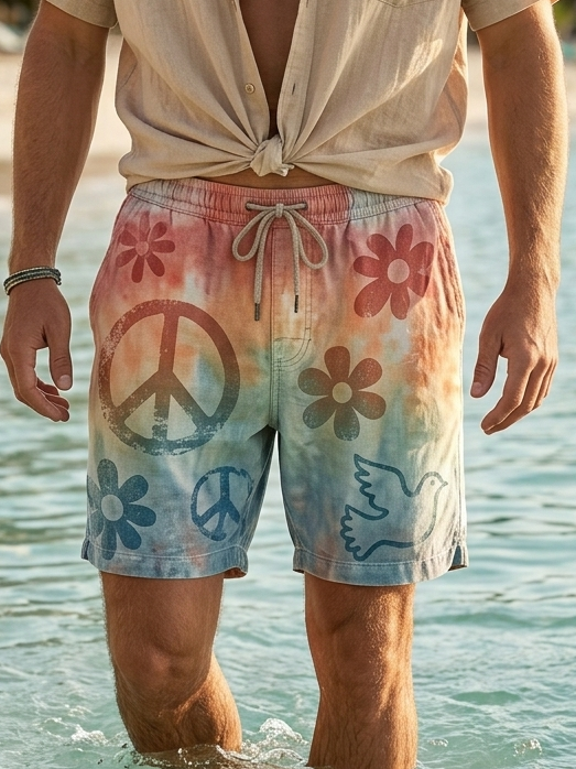 Men's Ombre Tie-Dye Peace Sign And Floral Art Print Casual Shorts