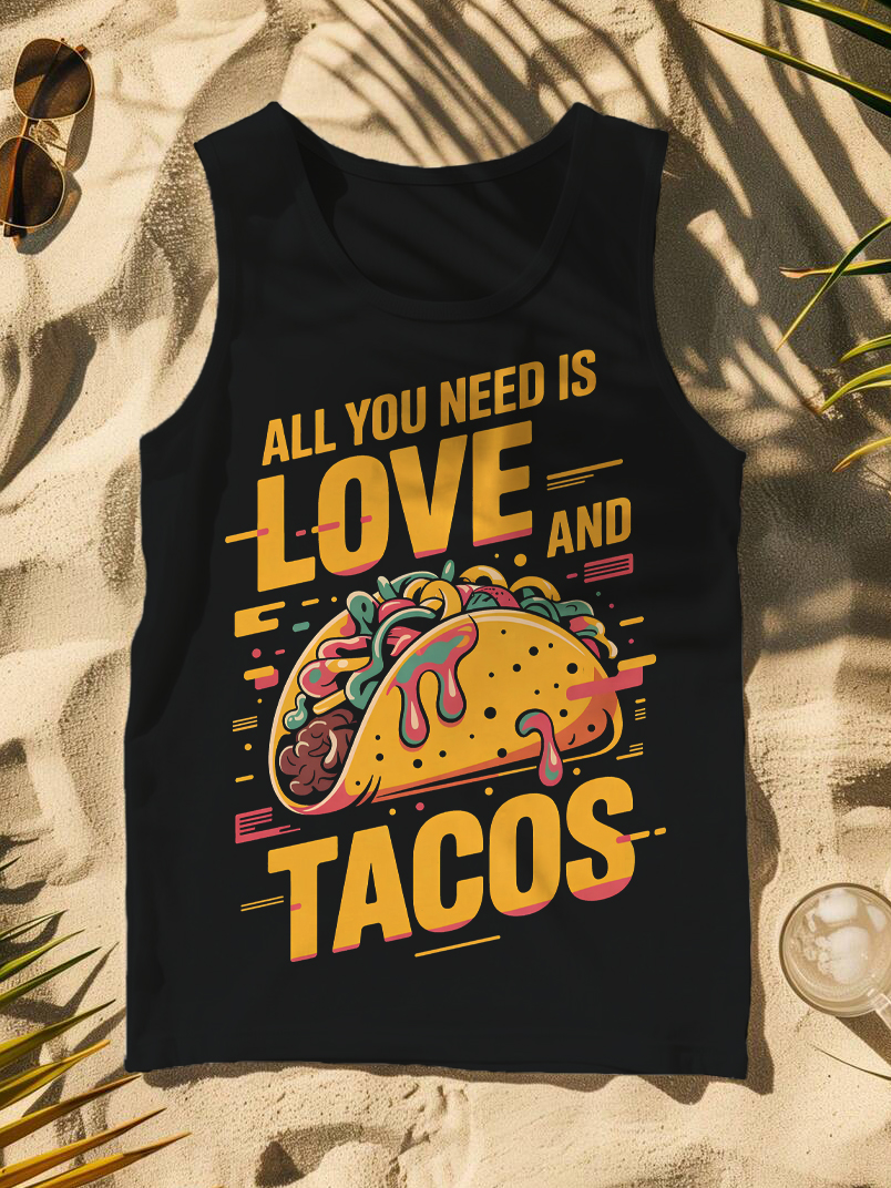 Men's All You Need Is Love And Tacos Print Cotton Tank Top