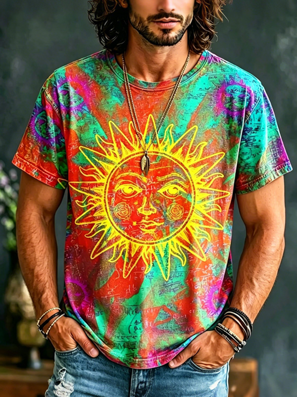 Men's Trippy Sun Tie-Dye Vintage Art Print T-Shirt