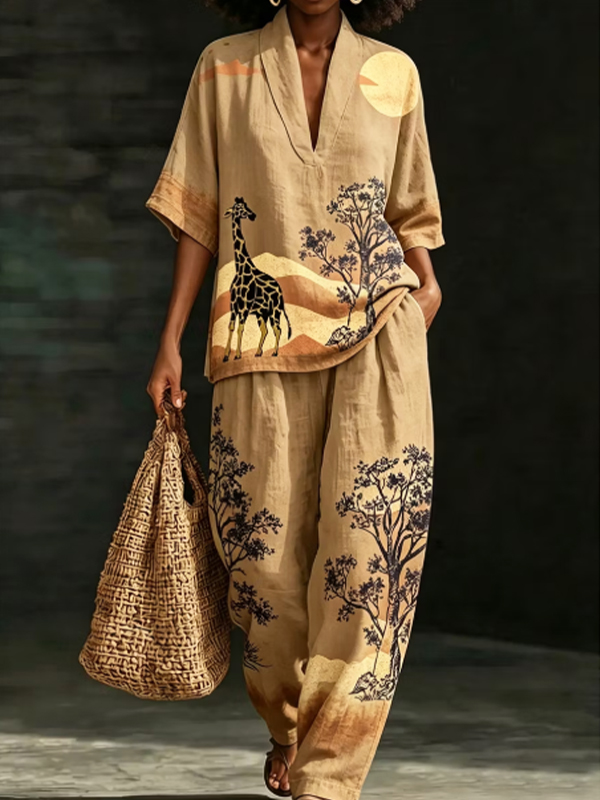 Women's Retro African Giraffe Vacation Style Print Deep V Neck Half Sleeve T-Shirt Pants Matching Set