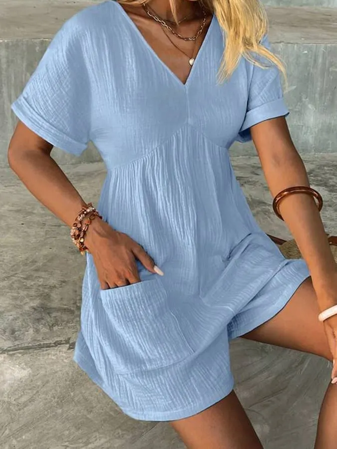 Women's Fashion Solid Color V Neck Loose Bat Sleeve Pocket Zipper Short Sleeve Jumpsuit