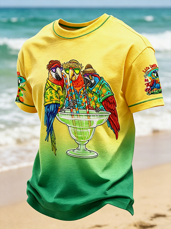 Men's Parrots Drinking Cocktails Ombre Print Casual T-Shirt