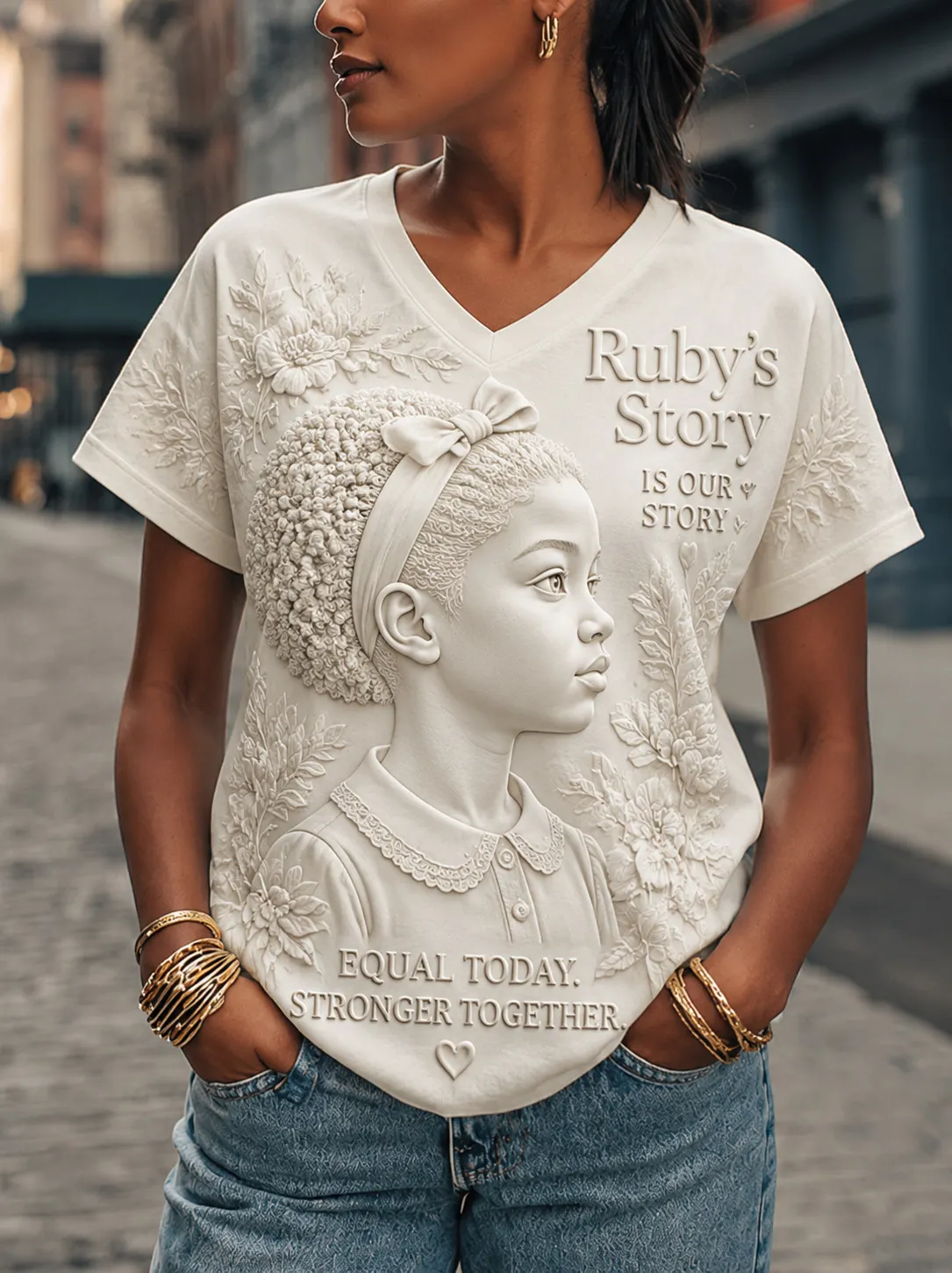 Women's Ruby's Story Equal Today Stronger Together Floral Print Casual V Neck T-Shirt