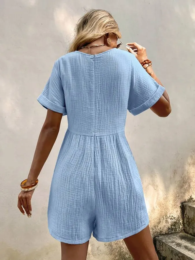 Women's Fashion Solid Color V Neck Loose Bat Sleeve Pocket Zipper Short Sleeve Jumpsuit