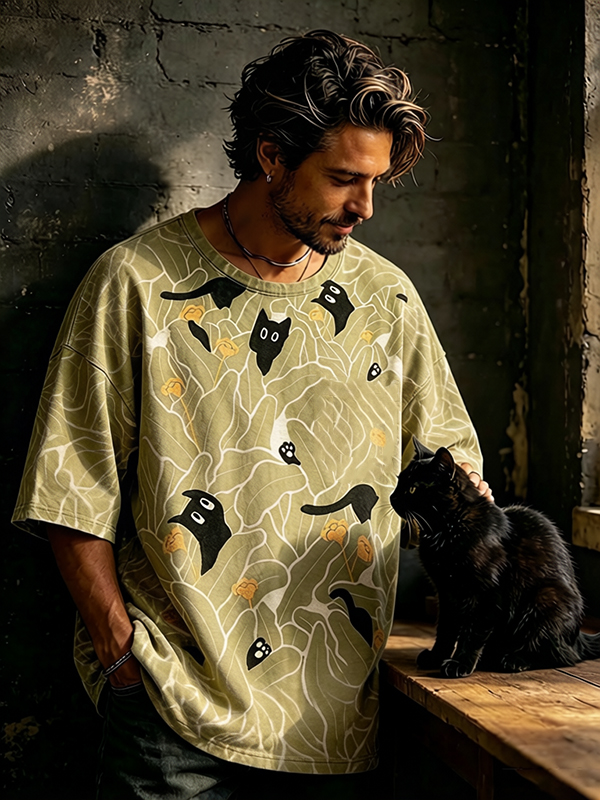 Men's Black Cat Hiding Among Leaf Camo Art Print Drop Shoulder Casual T-Shirt