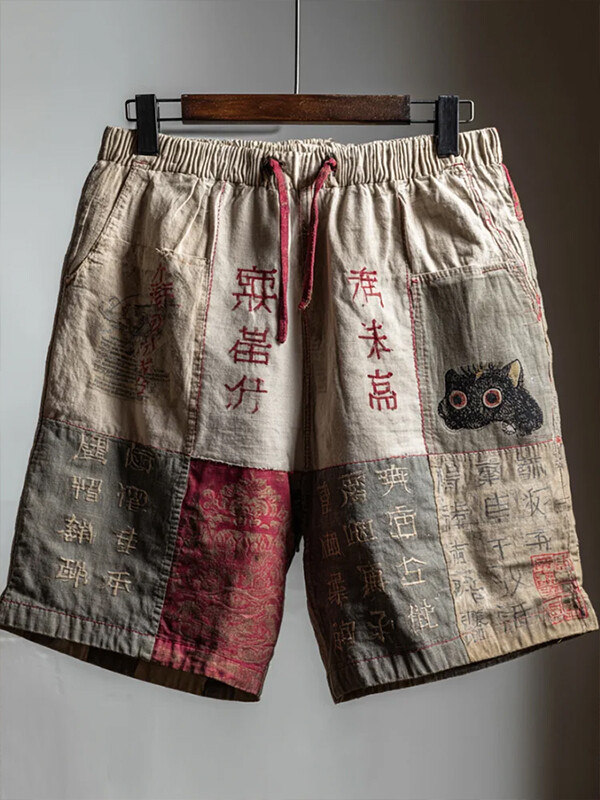 Men's Cat Japanese Calligraphy Patchwork Print Casual Shorts