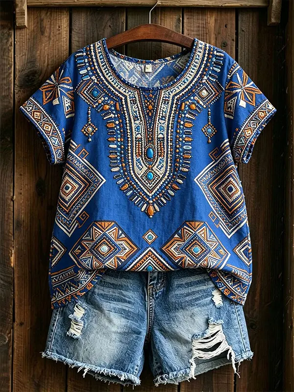 Women's Geometric Tribal Bead Boho Art Print Casual T-Shirt