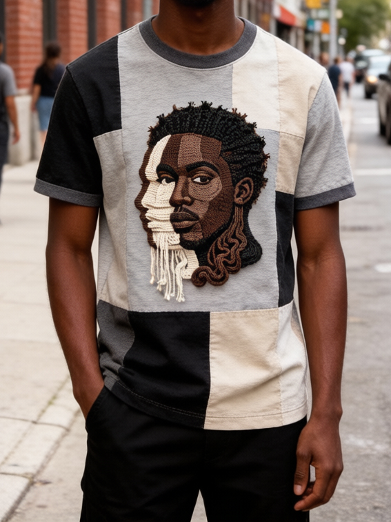 Men's Black Portrait Art Colorblock Print Casual T-Shirt