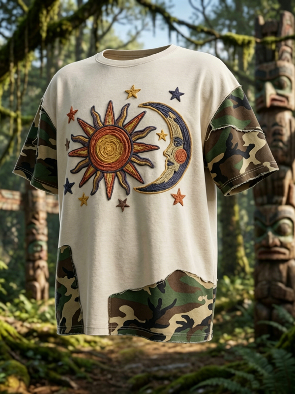 Men's Retro Camo Patchwork Sun Moon And Stars Art Print T-Shirt