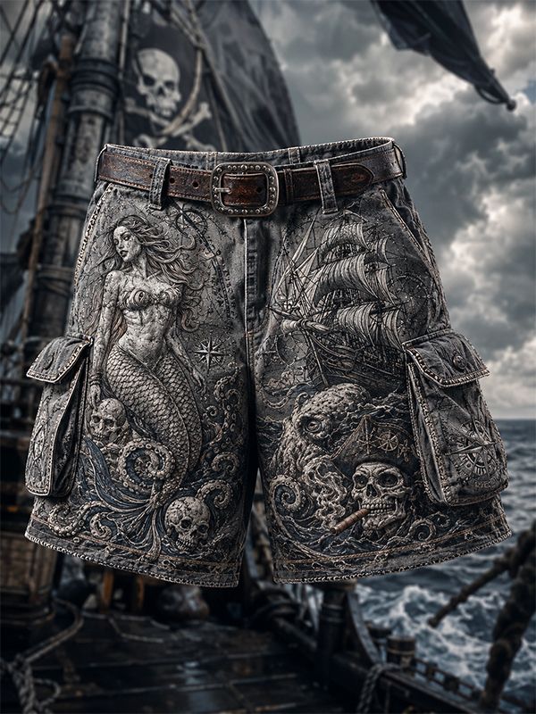 Men's Pirate Skeleton Mermaid & Octopus Tattoo Dark Art Print Casual Shorts