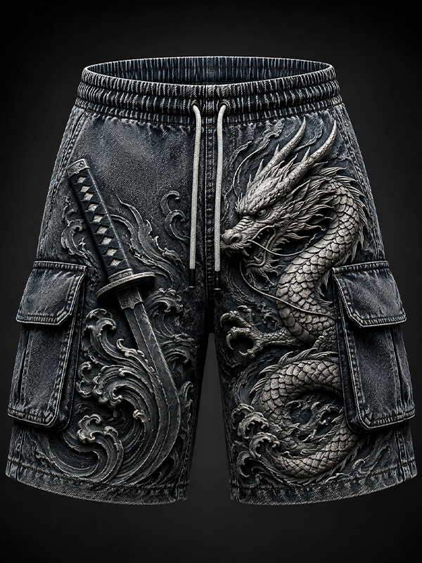Men's Great Waves Dragon and Katana Japanese Art Print Drawstring Cargo Shorts