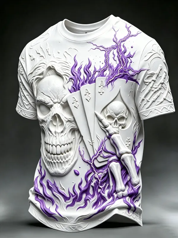 Men's Dark Skull and Playing Cards Print Casual T-Shirt